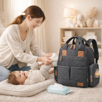 Mochila pañalera de mezclilla práctica y organizada