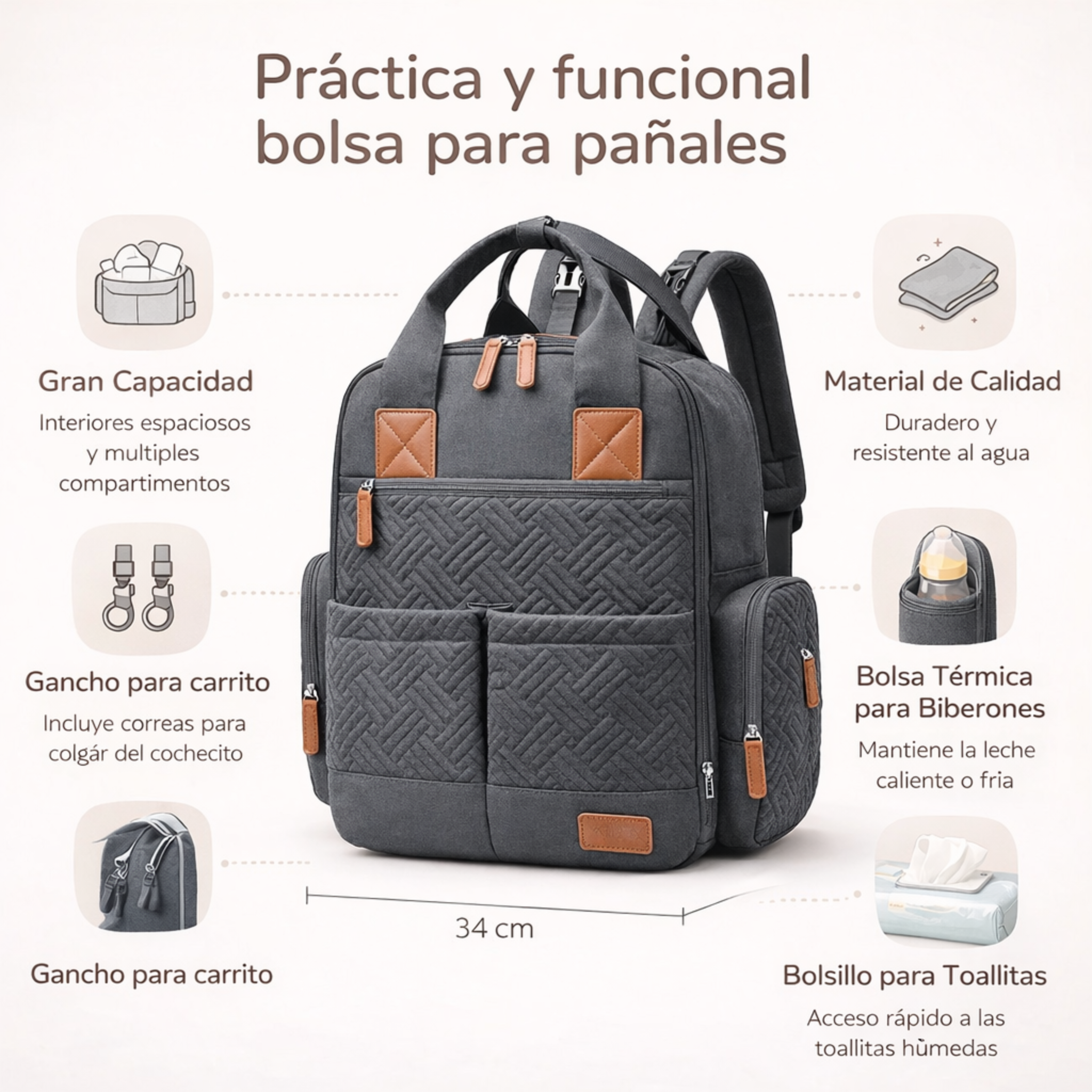 Mochila pañalera de mezclilla práctica y organizada