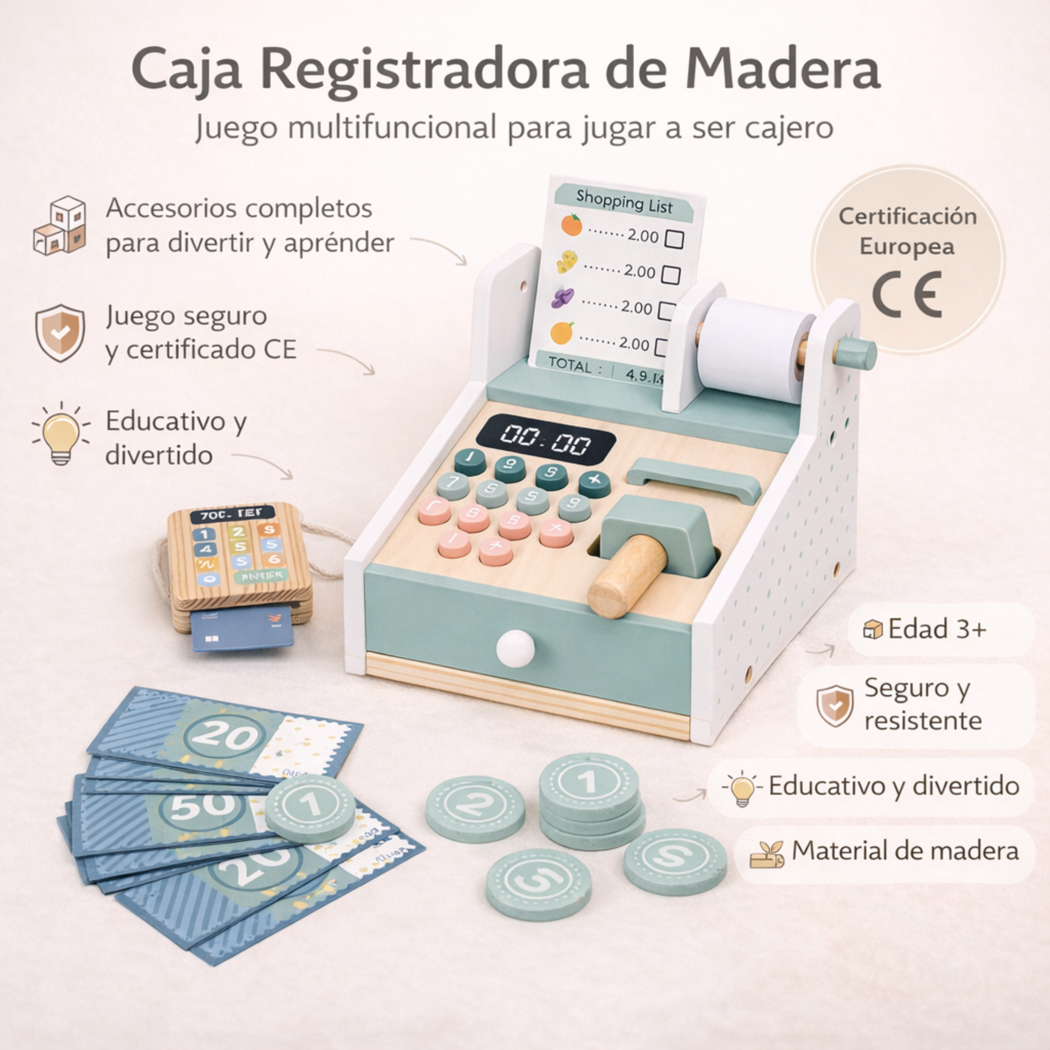 Caja registradora de madera para bebés