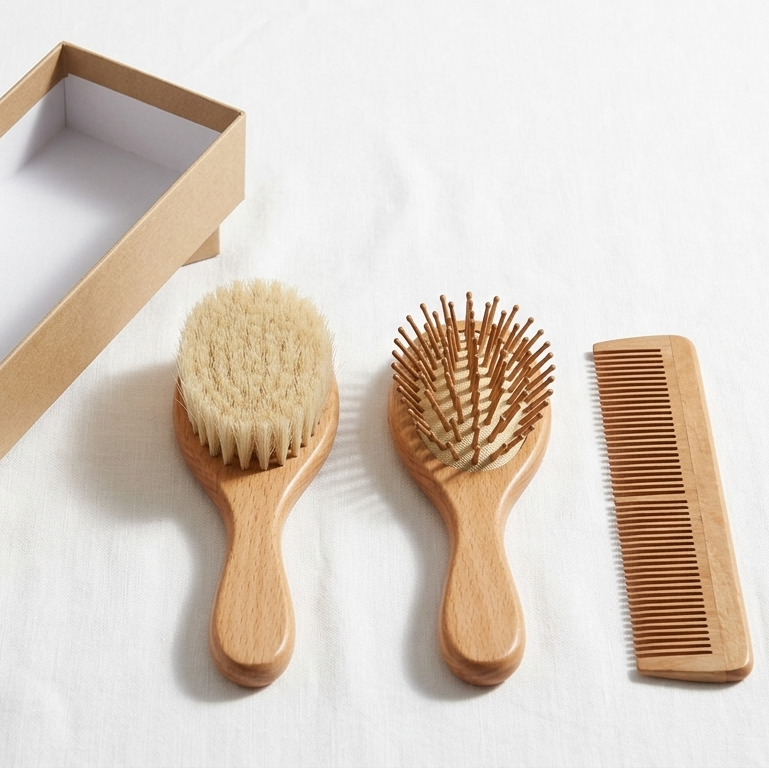 Set Cepillo y Peine de Madera para Bebé | Cerdas Suaves Recién Nacido