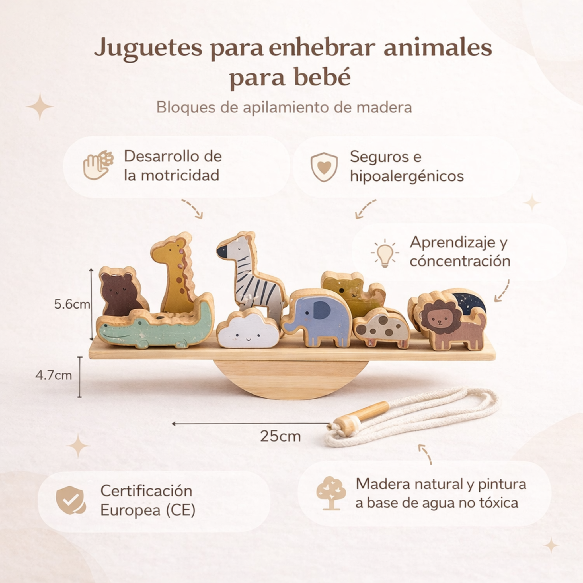 Juguete Montessori de enhebrado animal madera
