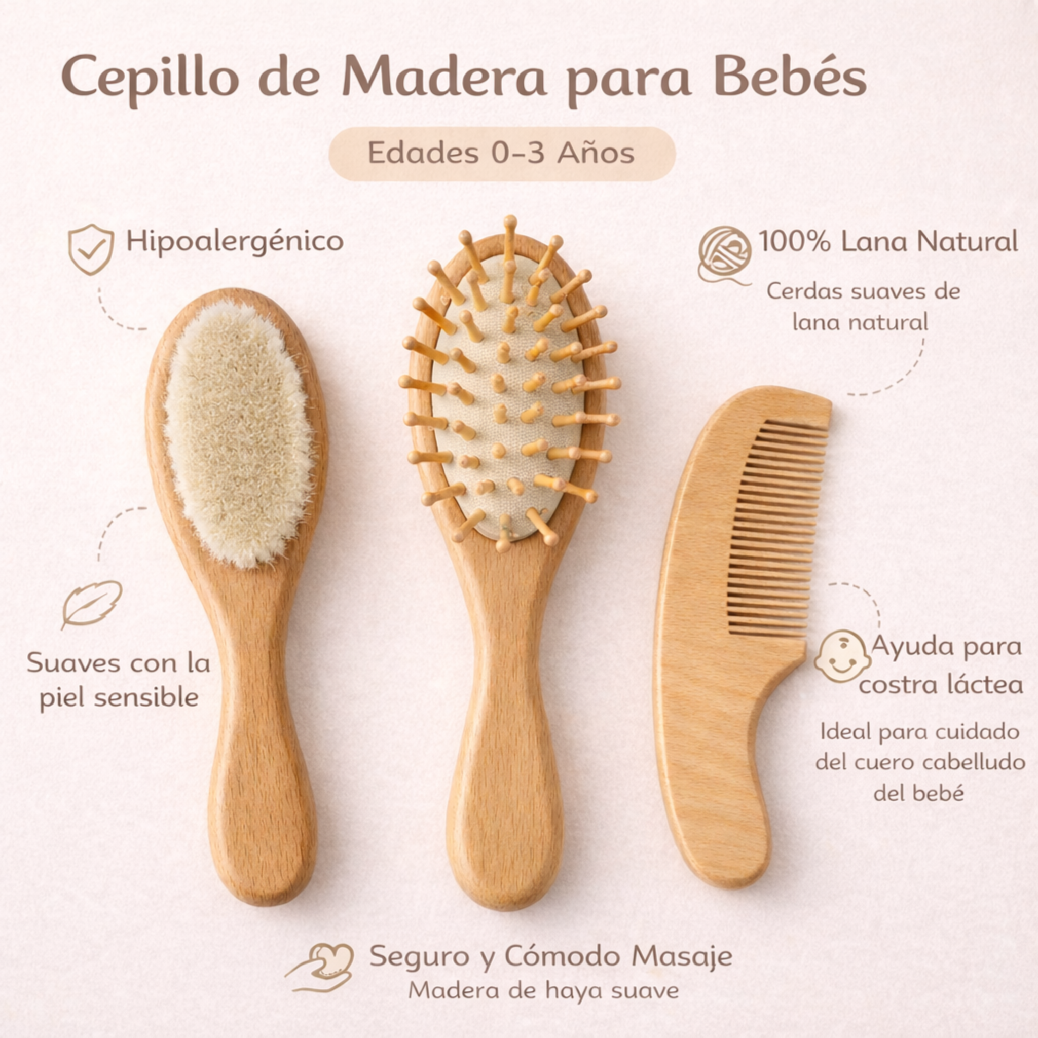 Set cepillo y peine de madera bebé