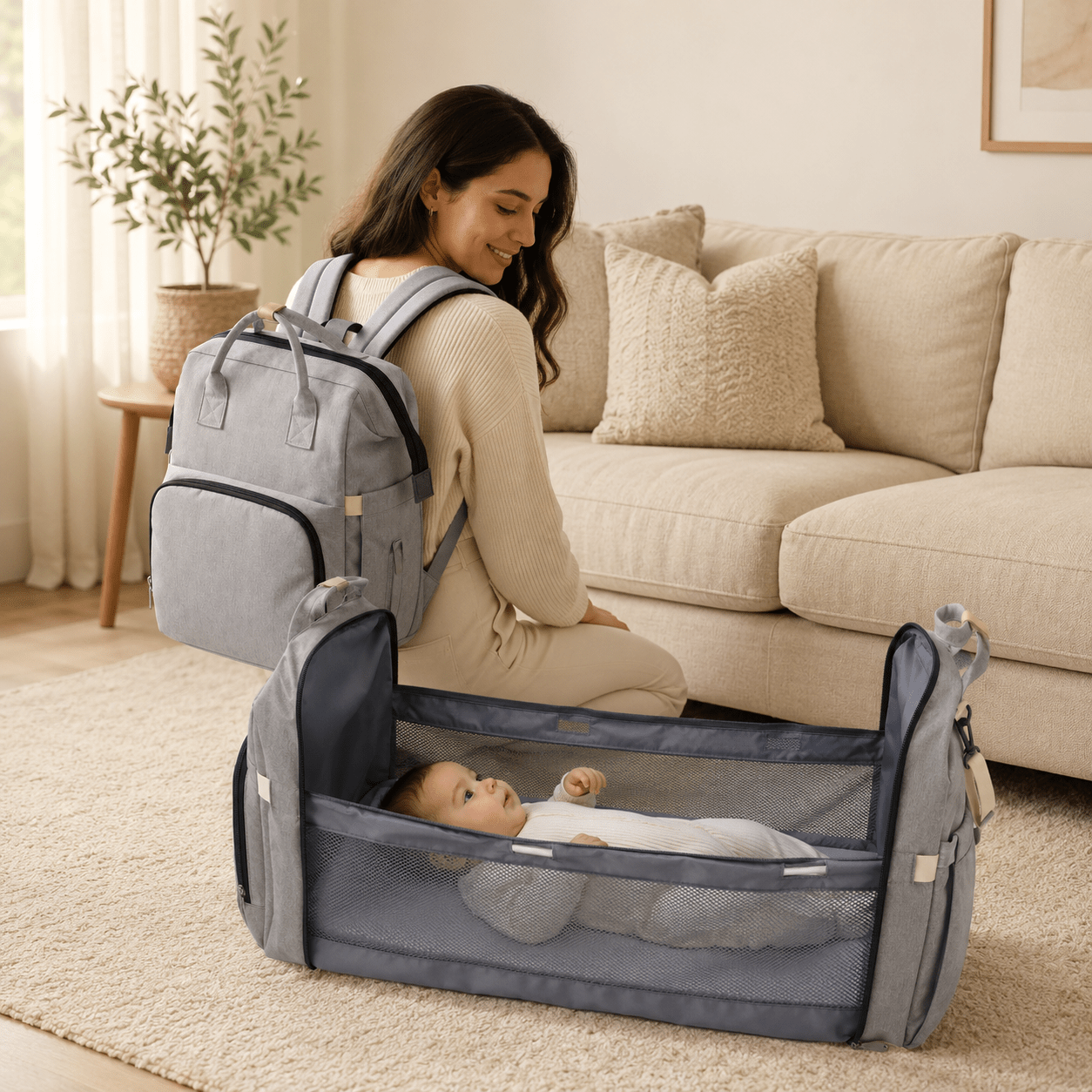 Mochila Pañalera con Cuna Portátil Baby Lúa Grey - Baby Lúa