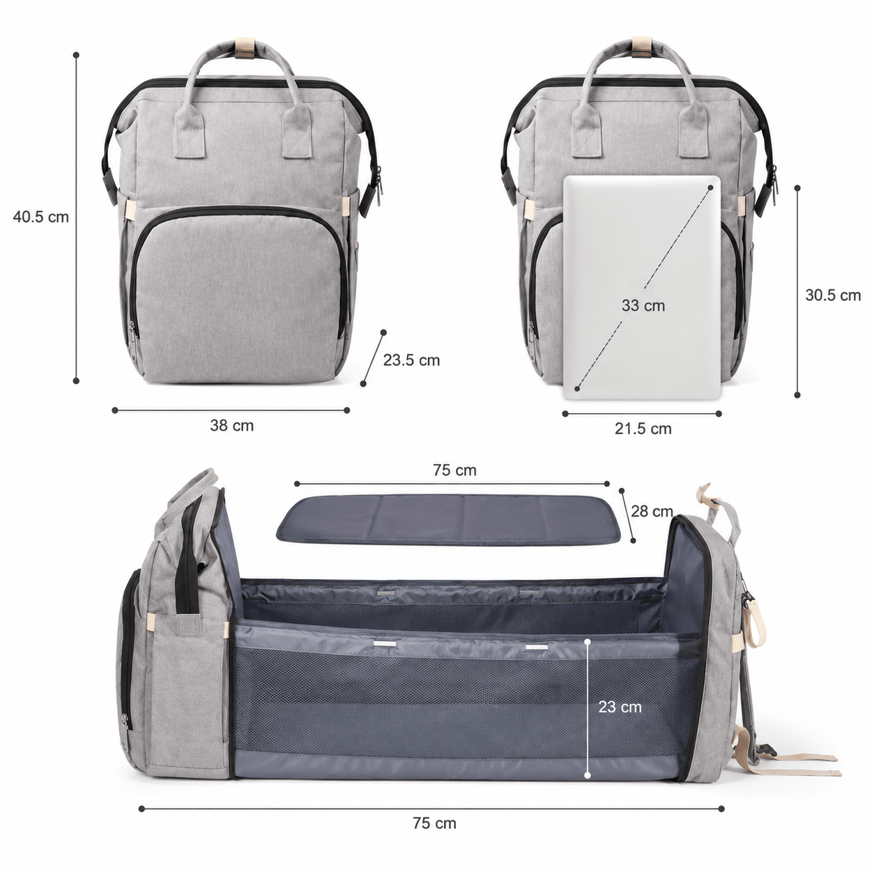 Mochila Pañalera con Cuna Portátil Baby Lúa Grey - Baby Lúa