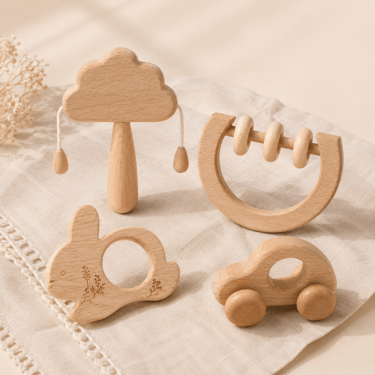 Set Montessori de Madera Natural · Sonajero · 0-12 Meses Set - Baby Lúa