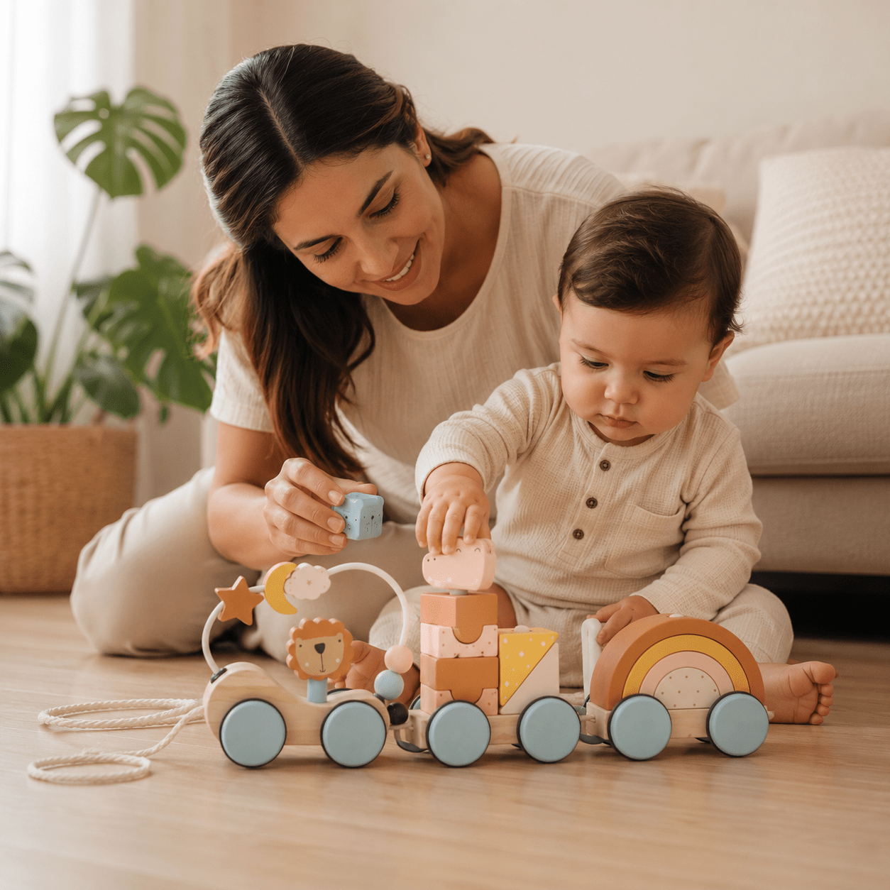 Tren de Madera Montessori con Animales | 1 a 3 años Building Block Train - Baby Lúa